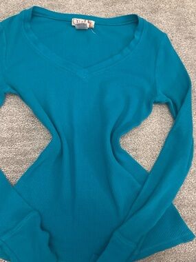 OP Teal Ribbed V-Neck Long Sleeve Top